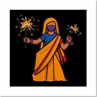 Graceful Celebration: Indian Woman in Traditional Attire with Fireworks Posters and Art